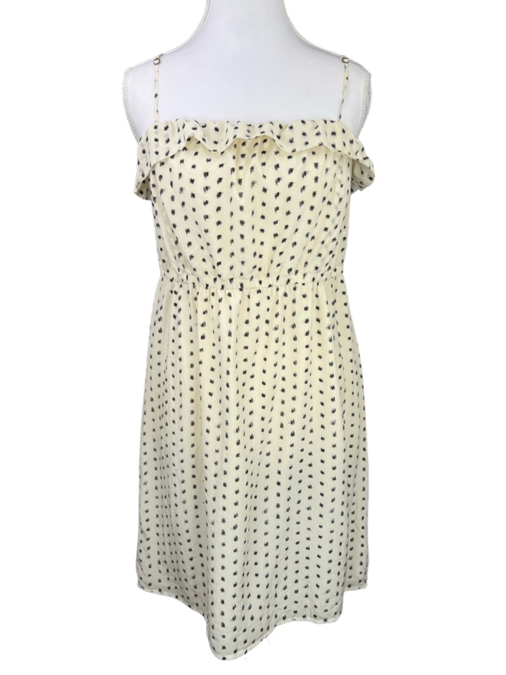 J.Crew Silk Ruffle Dress Women’s Size 2 Cream Black Dot Spaghetti Strap